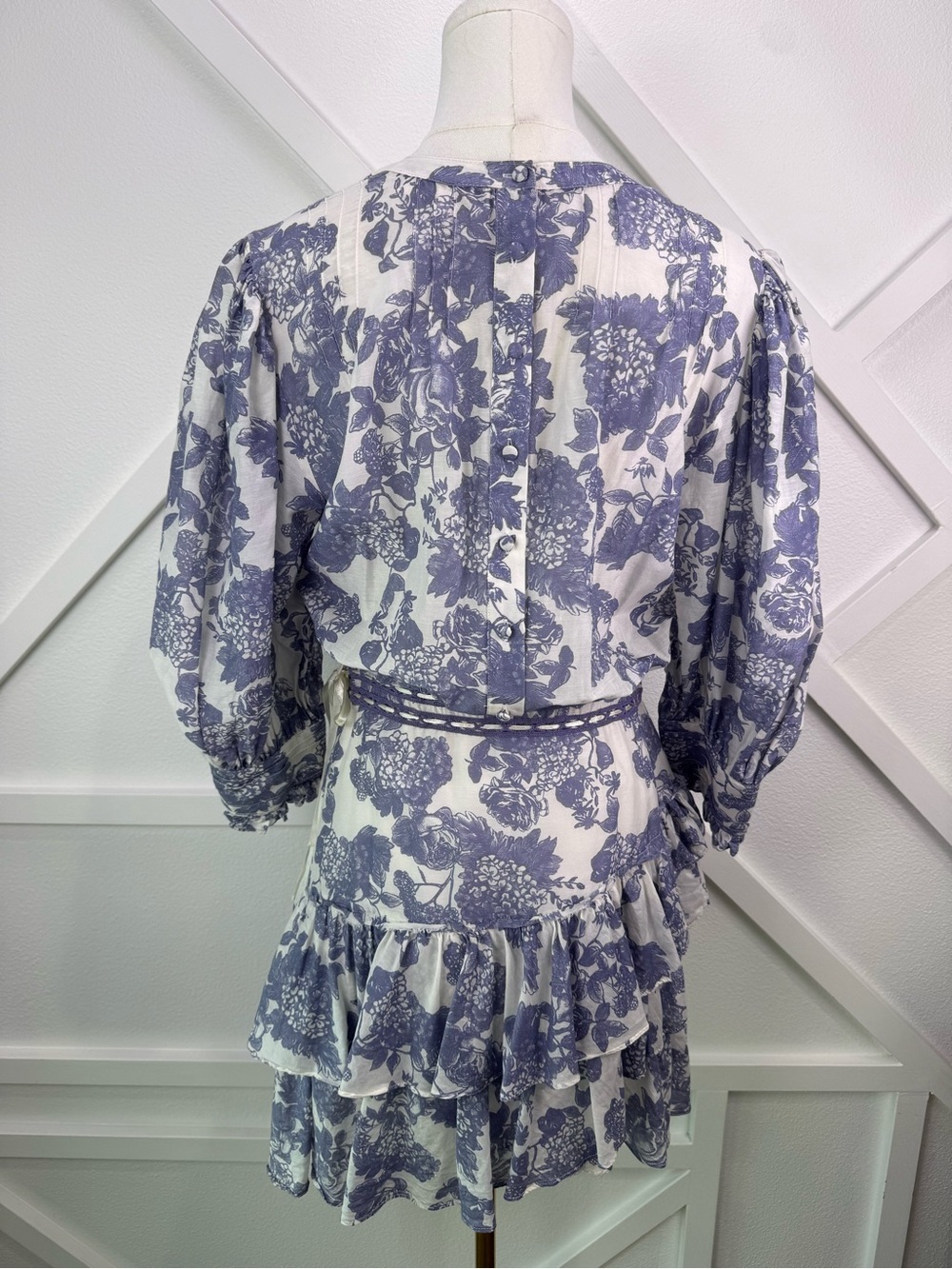 LoveShackFancy Lorelei Ruffle Floral Silk Blend Mini Dress Blue White Size 8 - Picture 8 of 16